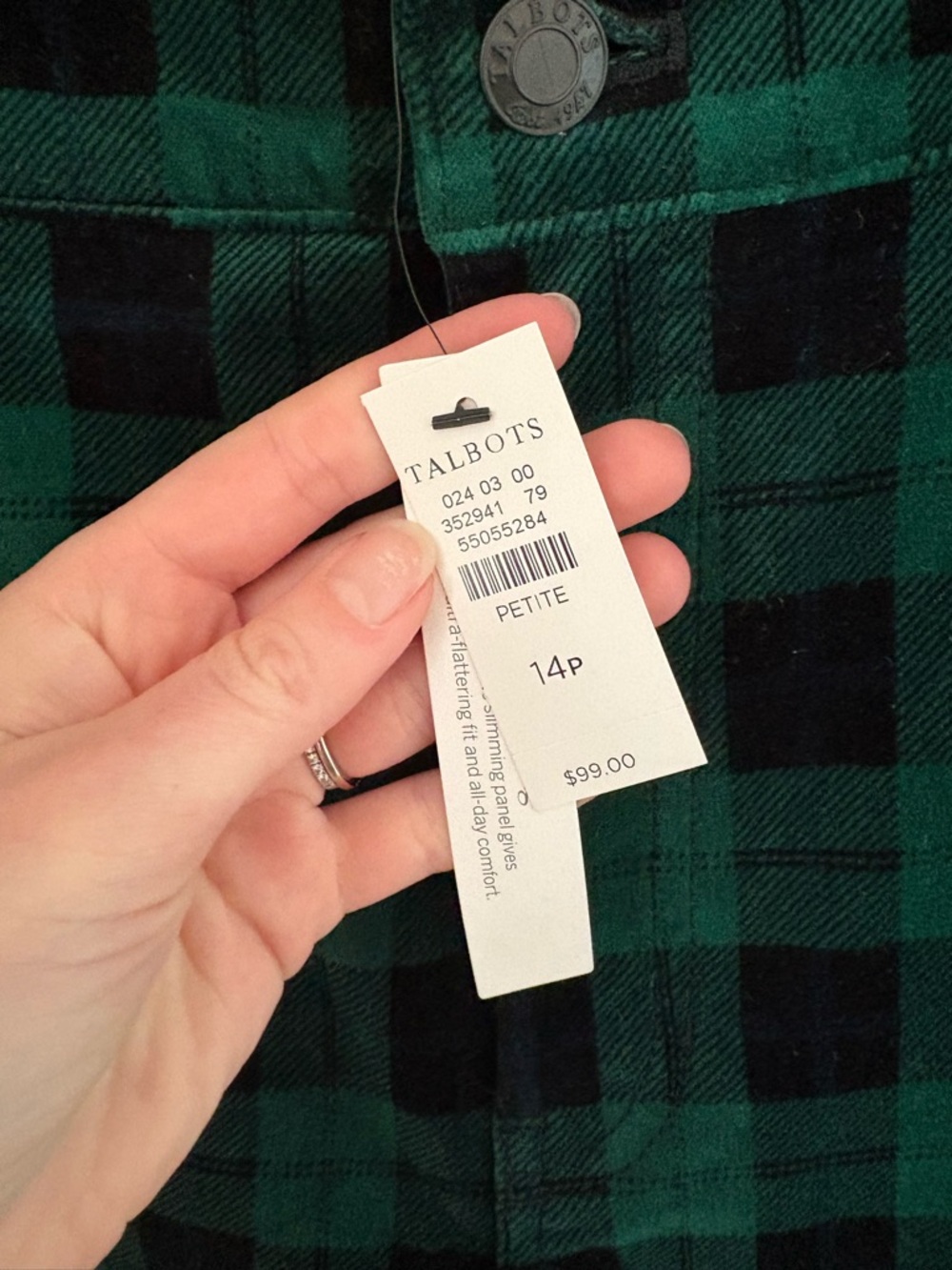 Talbots Green and Black Plaid Velvet Straight leg Pants Size 14P - Picture 5 of 6
